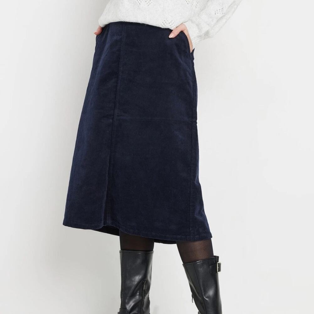 Blue A-Line Midi Skirt with Slit for Work
